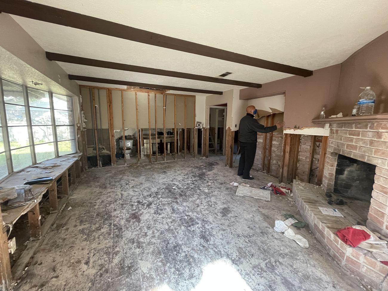 Living room stripped to the studs after flood damage